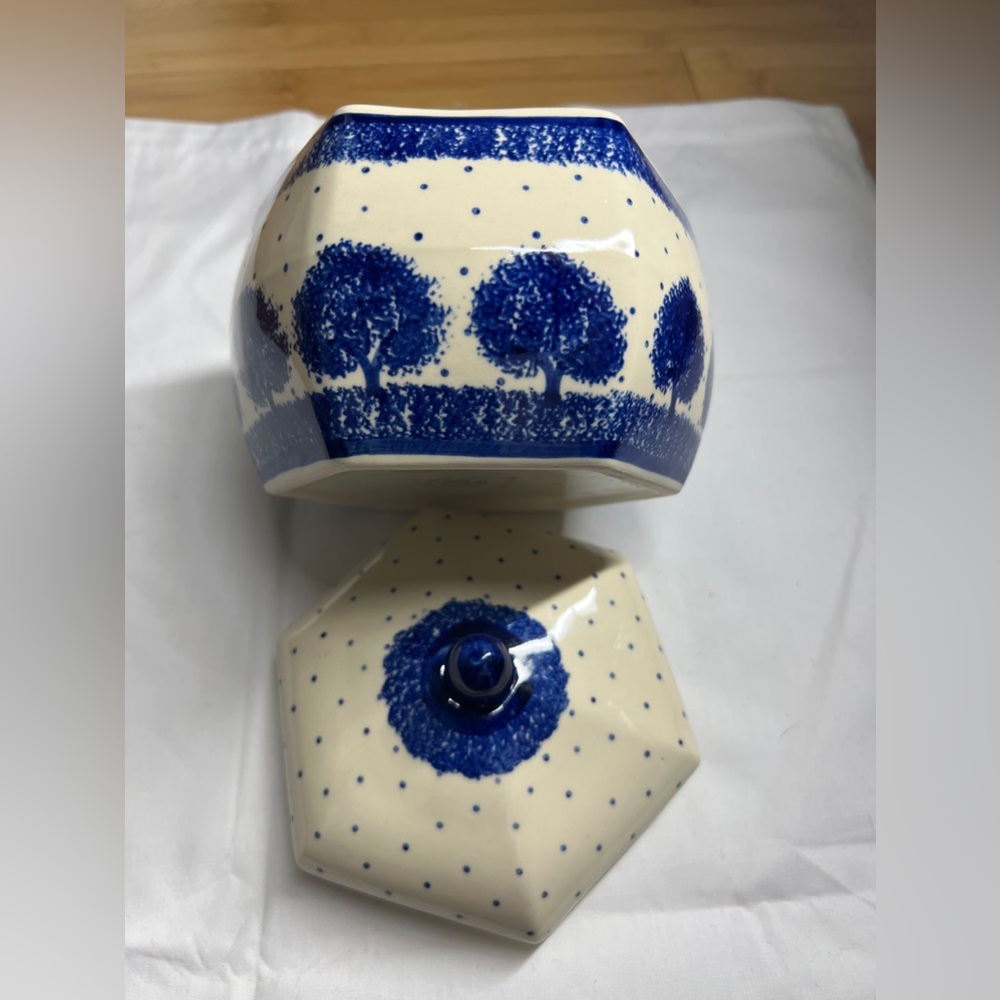 Spring inspired WIZA Polish Pottery Jar with Lid Blue&white|handmade|32|JAR|ART - Picture 3 of 16